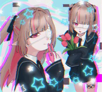 Rule 34 | 1girl, :d, barcode, blazer, blue jacket, blue necktie, blue ribbon, blue sailor collar, blue skirt, cellphone, closed mouth, collared shirt, colored inner hair, commentary request, cowboy shot, drill hair, drop shadow, eyepatch, fang, flower, from above, from side, glitch, grey hair, hair intakes, hair ribbon, highres, holding, holding flower, holding phone, jacket, lapels, leg tattoo, long hair, long sleeves, looking at viewer, magota n, makaino ririmu, medical eyepatch, miniskirt, monitoring (vocaloid), multicolored hair, multiple views, necktie, nijisanji, notched lapels, official alternate hairstyle, open clothes, open jacket, open mouth, parted lips, phone, phone with ears, pink flower, pink hair, pink streaks, pink tulip, pleated skirt, pointy ears, rabbit ear smartphone case, red eyes, ribbon, sailor collar, school uniform, shirt, sidelocks, skin fang, skirt, sleeves past fingers, sleeves past wrists, smartphone, smartphone case, smile, solo, sparkle, standing, star (symbol), streaked hair, tattoo, tulip, two-tone hair, two side up, upper body, upturned eyes, virtual youtuber, white background, white shirt, winged heart, winged heart tattoo