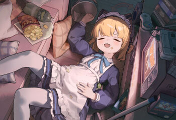 1girl absurdres animal_ear_headphones animal_ears apron bag_of_chips batman_(series) black_dress blonde_hair blue_archive bottle cat_tail closed_eyes controller dc_comics donkey_kong donkey_kong_(series) dress fake_animal_ears frilled_apron frills game_console game_controller goomba headphones highres indoors lakitu long_sleeves maid maid_headdress mario mario_(series) marvel momoi_(blue_archive) momoi_(maid)_(blue_archive) nintendo official_alternate_costume open_mouth pantyhose princess_peach puffy_long_sleeves puffy_sleeves shijiuuuuuuu short_hair sleeping smile solo spider-man_(series) super_famicom super_famicom_gamepad super_mario_bros._1 tail the_amazing_spider-man the_legend_of_zelda toad_(mario) white_apron white_pantyhose