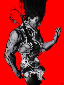 1boy atmosgear fighting_stance gon_freecss greyscale highres hunter_x_hunter long_hair male_focus monochrome muscular muscular_male red_background rock_paper_scissors shorts signature solo watermark