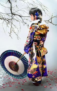 1girl absurdres alternate_costume alternate_hairstyle bag black_hair blue_eyes blue_kimono braid braided_ponytail branch closed_mouth commentary_request from_behind full_body furisode grace16 hair_ornament highres holding holding_bag holding_behind_back holding_umbrella japanese_clothes kimono lips long_hair long_sleeves obi oil-paper_umbrella petals print_kimono sash solo standing umbrella yahari_ore_no_seishun_lovecome_wa_machigatteiru. yukinoshita_yukino