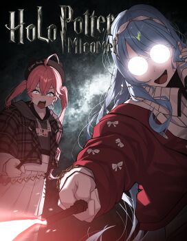 2girls absurdres ahoge blue_hair glasses green_eyes harry_potter_(series) highres hololive hoshimachi_suisei hoshimachi_suisei_(micomet) long_hair multiple_girls official_alternate_costume parody pink_hair sakura_miko sakura_miko_(micomet) virtual_youtuber wizarding_world yozora_(1wkdgusdn)
