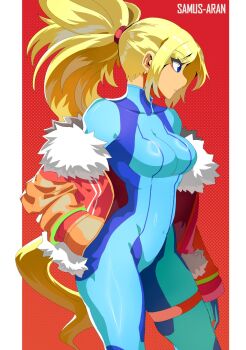 1girl 604yue blonde_hair blue_bodysuit blue_eyes bodysuit character_name commentary english_commentary from_side fur-trimmed_jacket fur_trim hand_in_pocket highres jacket long_hair metroid multicolored_jacket nintendo ponytail red_background samus_aran two-tone_jacket very_long_hair zero_suit