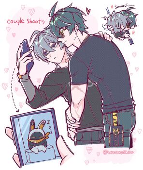 Rule 34 | 2boys, ahoge, arrow (symbol), artist name, bandaid, bandaid on cheek, bandaid on face, bangboo (zenless zone zero), bangboo 6 (zenless zone zero), black shirt, blue pants, blush, blush stickers, cellphone, closed mouth, commentary request, crossed bangs, english text, green eyes, green hair, grey hair, grey shirt, hair between eyes, hand on another's shoulder, hand up, heart, highres, holding, holding phone, hug, jewelry, kiss, layered sleeves, lighter (zenless zone zero), long sleeves, looking to the side, male focus, multiple boys, multiple scars, multiple views, necklace, pants, phone, pouch, scar, scar on arm, shirt, short hair, short over long sleeves, short sleeves, sleeping, smartphone, smile, sunglasses, t-shirt, thigh pouch, thigh strap, twitter username, urouroshiro, white background, wise (zenless zone zero), yaoi, zenless zone zero, zzz