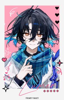 Rule 34 | 1boy, absurdres, ahoge, arknights, black shirt, blue hair, border, buqiyong, character name, chinese commentary, commentary request, curtained hair, earrings, fish earrings, hair between eyes, heart, highres, index finger raised, jacket, jewelry, lapels, long sleeves, looking at viewer, lumen (arknights), lumen (wanderer in the rain) (arknights), male focus, medium hair, musical note, notched lapels, official alternate costume, pink background, plaid clothes, plaid scarf, pointy ears, polaroid photo, portrait, scarf, shirt, solo, white border, white jacket