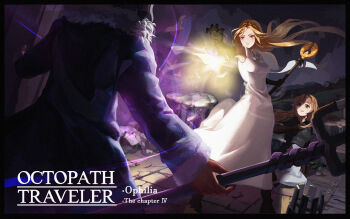 1boy 2girls absurdres black_border black_gloves blonde_hair blue_jacket blunt_bangs border brown_eyes brown_hair cape character_name commentary copyright_name dodo1996 dress elbow_gloves english_commentary film_grain floating_clothes floating_hair fur-trimmed_jacket fur_trim gloves highres holding holding_staff imminent_attack jacket lianna_(octopath_traveler) long_hair looking_at_another looking_up magic mattias_(octopath_traveler) multiple_girls octopath_traveler octopath_traveler_i ophilia_clement parted_lips protecting rubble scene_reference siblings sisters staff white_cape white_dress