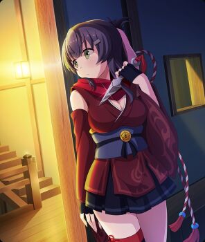 Rule 34 | 1girl, asymmetrical legwear, black gloves, blue sash, blue skirt, breasts, cleavage, closed mouth, cowboy shot, detached sleeves, fingerless gloves, game cg, glint, gloves, green eyes, hair ornament, hair ribbon, hair rings, hairclip, hand up, hiding, holding, holding kunai, holding weapon, japanese clothes, kimono, kunai, large breasts, looking to the side, medium hair, night, ninja, obi, official art, pink ribbon, print kimono, purple hair, railing, red kimono, red sleeves, ribbon, rope, sash, shimenawa, sidelocks, skirt, sleeveless, sleeveless kimono, solo, stairs, third-party source, toji no miko, toji no miko: kizamishi issen no tomoshibi, wall lamp, weapon, wide sleeves, wooden floor, wooden railing, yanase mai