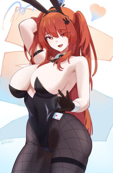 Rule 34 | 1girl, absurdres, ace (playing card), ace of hearts, animal ears, arm strap, black gloves, black leotard, black pantyhose, breasts, card, commentary request, covered navel, detached collar, fake animal ears, fishnet pantyhose, fishnets, fujiwara echi, gloves, hair ornament, heart, highres, large breasts, leotard, long hair, looking at viewer, original, pantyhose, playboy bunny, playing card, rabbit ears, rabbit hair ornament, red hair, solo, strapless, strapless leotard, thigh strap, two side up, wrist cuffs