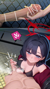 1boy 1girl afterimage bar_censor bikini black_bikini black_hair black_jacket blue_archive blue_eyes blush breasts censored clothed_female_nude_male collarbone covered_erect_nipples erection ett halo handjob hetero highres ichika_(blue_archive) ichika_(swimsuit)_(blue_archive) jacket long_hair looking_at_viewer medium_breasts nude official_alternate_costume penis red_halo smile swimsuit unusually_open_eyes