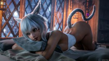 1girl 3d animal_ears ass bed blender_(medium) bottomless breasts cat_ears cat_girl cat_tail dark-skinned_female dark_skin facial_mark final_fantasy final_fantasy_xiv highres indoors looking_at_viewer lying pillow sideboob spectra_3d tail y&#039;shtola_rhul