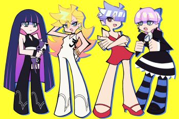 2girls blonde_hair blue_eyes blunt_bangs bodysuit breasts brothers cleavage_cutout clothing_cutout colored_inner_hair cosplay costume_switch cousins dress earrings hair_over_one_eye highres honekoneko_(psg) illust_hidakani jewelry large_breasts long_hair multicolored_hair multiple_girls panty_&amp;_stocking_with_garterbelt panty_(psg) panty_(psg)_(cosplay) pink_hair polyester_(psg) polyester_(psg)_(cosplay) polyurethane_(psg) polyurethane_(psg)_(cosplay) purple_hair red_eyes siblings sisters sleeveless sleeveless_bodysuit solo standing stocking_(psg) stocking_(psg)_(cosplay) striped_clothes striped_thighhighs stuffed_animal stuffed_cat stuffed_toy thighhighs yellow_background