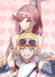 Rule 34 | 1boy, 1girl, absurdres, ahoge, anger vein, artist name, blonde hair, blue eyes, blush, brown eyes, commentary, detached sleeves, english commentary, glimmer (xenoblade), glint, goggles, goggles on head, hair intakes, heart, heart background, high ponytail, highres, holding, holding wrench, hug, looking to the side, nikol (xenoblade), open mouth, pink background, pout, red hair, simple background, twitter username, v-shaped eyebrows, white sleeves, wrench, xenoblade chronicles (series), xenoblade chronicles 3, xenoblade chronicles 3: future redeemed, zambonito