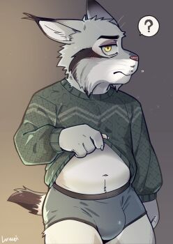 1boy ? animal_ears artist_name blush boxers bulge cat_boy cat_ears cat_tail claws clothes_lift commentary english_commentary furry furry_male green_sweater grey_male_underwear highres looking_at_viewer luwei male_focus male_underwear navel pawbert_lynxley profile spoken_question_mark sweater sweater_lift tail underwear whiskers zootopia