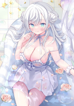 1girl bare_shoulders bath bathtub blue_eyes blush breasts cleavage closed_mouth commentary_request cowboy_shot double_bun dress flower grey_hair hair_between_eyes hair_bun hand_up hoshino_koucha indoors large_breasts long_hair looking_at_viewer original parted_bangs petals pink_flower pink_rose rose sitting sleeveless sleeveless_dress smile solo tile_wall tiles wet wet_clothes white_dress