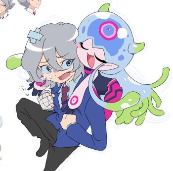 bandaged_arm bandages blue_eyes digae337962 digimon digimon_(creature) digimon_ghost_game happy higashimitarai_kiyoshiro hug jellyfish_girl jellymon monster_girl short_hair smile tentacle_hair tentacles white_hair