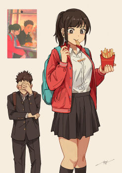 Rule 34 | 1boy, 1girl, absurdres, aqua bag, backpack, bag, black eyes, black hair, black jacket, black pants, black skirt, black socks, boyfriend (yoru mac), bright pupils, collared shirt, commentary, couple, english commentary, food, food in mouth, food on body, food on breasts, french fries, gakuran, girlfriend (yoru mac), highres, holding, holding food, inset, jacket, long hair, long sleeves, nguyen huy, open clothes, open jacket, pants, pleated skirt, ponytail, red jacket, reference inset, school uniform, shirt, shirt tucked in, short hair, signature, simple background, skirt, socks, white pupils, white shirt, yoru mac