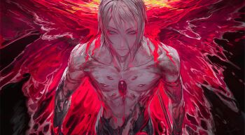 1boy alternate_hairstyle chest_jewel egawa_akira fate/apocrypha fate/grand_order fate_(series) from_above hair_down highres karna_(fate) liquid looking_at_viewer looking_up short_hair solo topless_female topless_male white_hair