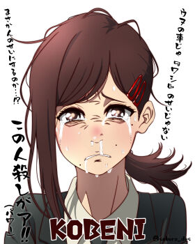 1girl absurdres black_jacket black_necktie black_skirt brown_eyes brown_hair chainsaw_man character_name commentary_request crying drooling frown hair_ornament hairclip higashiyama_kobeni highres jacket mole mole_under_eye mole_under_mouth multiple_moles necktie ponytail portrait raised_inner_eyebrows saburo_des saliva single_sidelock skirt snot_trail solo streaming_tears sweat tears translation_request twitter_username