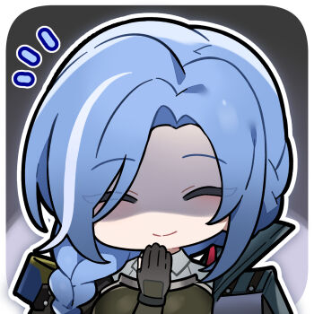 Rule 34 | 1girl, artist request, black gloves, blue hair, braid, braided ponytail, chibi, chibi only, closed eyes, dp-12 (girls' frontline), girls' frontline, girls' frontline 2: exilium, gloves, helen (girls' frontline 2), highres, official art, partially shaded face, second-party source, smile, solo