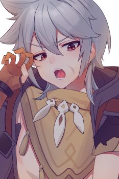 Rule 34 | 1boy, absurdres, brown gloves, claw pose, commentary request, earrings, genshin impact, gloves, grey hair, hair between eyes, hand up, highres, hood, hood down, jewelry, looking at viewer, male focus, necklace, open mouth, partially fingerless gloves, razor (genshin impact), red eyes, scar, scar on face, simple background, solo, tooth necklace, tutimaru0730, upper body, white background