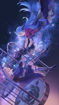 2girls absurdres animal_ears artist_request bang_dream! bang_dream!_it&#039;s_mygo!!!!! birdcage black_dress black_gloves black_pantyhose black_ribbon black_shoes black_skirt blonde_hair blue_hair braid brown_corset cage chinese_commentary commentary_request commission corset doloris_(bang_dream!) dress falling gloves grey_socks hair_ribbon highres kneehighs long_hair misumi_uika multiple_girls oblivionis_(bang_dream!) open_mouth pantyhose purple_eyes red_shirt ribbon second-party_source shirt shoes skirt socks togawa_sakiko yellow_eyes