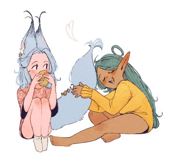 2girls alt_text animal_ears aqua_hair barefoot blush commentary cup dark-skinned_female dark_skin ear_blush elf english_commentary fox_ears fox_girl fox_tail grey_hair hands_up heart highres holding holding_cup knees_up long_hair long_sleeves looking_at_another looking_to_the_side lyn_(spindle_(aidenr0)) multiple_girls no_pants open_mouth original pink_shirt pointy_ears shirt simple_background sitting smile socks spindle_(aidenr0) sweater tail therese_(spindle_(aidenr0)) three-quarter_sleeves white_background white_socks yellow_sweater yuri