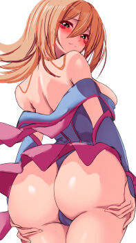 1girl absurdres armpit_crease ass ass_focus back bare_shoulders blonde_hair blue_leotard blush blush_stickers breasts cameltoe closed_mouth commentary_request dark_magician_girl duel_monster from_behind green_eyes highres large_breasts leotard looking_at_viewer looking_back no_headwear solo teru_cats thighs yu-gi-oh! yu-gi-oh!_duel_monsters