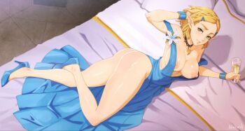1girl akobeul artist_name ass bare_shoulders bed bedroom blonde_hair blue_dress breasts collarbone commission cup dress drinking_glass female_focus green_eyes hair_ornament hairclip high_heels holding_wine_glass indoors large_breasts looking_at_viewer medium_hair nintendo nipples pillow princess_zelda the_legend_of_zelda the_legend_of_zelda:_breath_of_the_wild thighs wine_glass