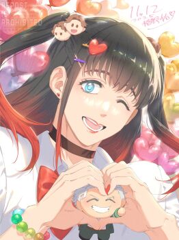 1girl 3boys balloon black_hair blue_eyes bow bowtie bracelet brown_hair chibi closed_eyes commentary earrings green_jacket hair_ornament heart heart_balloon heart_hands highres jacket jewelry long_hair long_sleeves multicolored_hair multiple_boys one_eye_closed open_clothes open_jacket open_mouth pants red_bow red_bowtie sakaki_seiryuu sakaki_uryuu school_uniform shirt short_hair siblings smile soul_(tamashii) symbol-only_commentary teeth tsubakino_tasuku twins twintails two-tone_hair umemiya_hajime white_hair white_shirt wind_breaker_(nii_satoru)