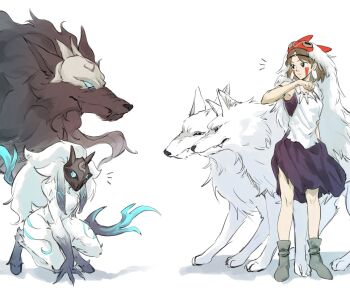 2girls bare_arms black_mask blue_eyes body_markings bow_(weapon) brown_hair cape crossover dress facepaint facial_mark fur_cape furry furry_female green_shoes half_mask hand_on_ground highres holding holding_bow_(weapon) holding_weapon jewelry kindred_(league_of_legends) lamb_(league_of_legends) league_of_legends look-alike mask mask_on_head mononoke_hime moro_no_ichizoku multiple_girls necklace notice_lines on_one_knee pelt pome2511 purple_dress red_mask san_(mononoke_hime) shoes short_hair simple_background standing tooth_necklace two-tone_fur weapon white_background white_fur white_mask white_wolf wolf wolf_(league_of_legends)