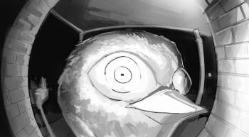 absurdres beak bird brick_wall chainsaw_man close-up commentary english_commentary eye_focus fisheye greyscale heartbreak_juan highres monochrome no_humans ringed_eyes solo war_devil_(chainsaw_man)