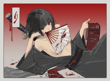 black_hair black_kimono blood breasts convenient_censoring g7cdpdto2i6hot6 hand_fan highres japanese_clothes kimono limbus_company looking_at_viewer lying naked_kimono on_side ootachi open_clothes open_kimono project_moon red_eyes ryoshu_(project_moon) scissors sheath sheathed tools topless_female