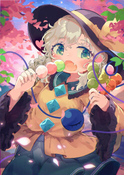 Rule 34 | 1girl, absurdres, black hat, buttons, commentary request, dango, diamond button, eating, eyeball, falling petals, food, frilled shirt collar, frilled sleeves, frills, green eyes, green hair, green skirt, hat, hat ribbon, heart, heart in eye, heart of string, highres, holding, holding skewer, komeiji koishi, long sleeves, looking at viewer, open mouth, petals, pink petals, ribbon, sanshoku dango, shirt, skewer, skirt, smile, solo, symbol in eye, third eye, toroid (621997), touhou, wagashi, wide sleeves, yellow ribbon, yellow shirt