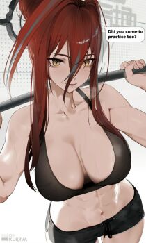 1girl abs arknights arknights:_endfield bare_shoulders black_shorts black_sports_bra breasts cleavage ember_(arknights) exercising hair_between_eyes large_breasts long_hair long_hair_between_eyes long_sidelocks looking_at_viewer multicolored_hair ohkurrva red_hair shorts sidelocks slit_pupils solo sports_bra streaked_hair weightlifting yellow_eyes