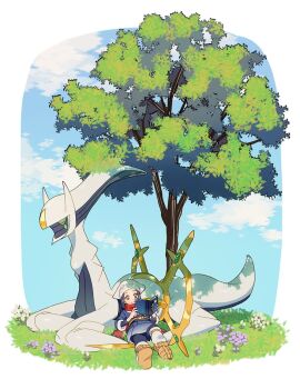 1girl 1other akari_(pokemon) arceus black_hair blue_sky flower galaxy_expedition_team_survey_corps_uniform gen_4_pokemon headscarf highres holding holding_notebook legendary_pokemon lying_on_pokemon mythical_pokemon nintendo notebook p0ke_a0210 pokemon pokemon_(creature) pokemon_legends:_arceus reading red_scarf scarf shade sky sleeping smile white_headscarf