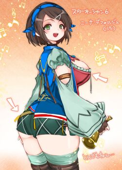 1girl ass bell black_hair breasts choker clothing_cutout commentary_request dated fingerless_gloves gloves green_eyes hair_ornament hairclip headscarf highres holding holding_bell large_breasts looking_at_viewer mayashtale musical_note navel nina_deforges open_mouth pink_shirt shirt short_hair short_shorts shorts shoulder_cutout smile solo standing star_ocean star_ocean:_the_divine_force wide_sleeves