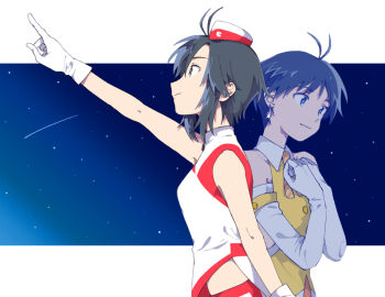 2girls antenna_hair aoic arm_up black_hair blue_eyes blue_hair closed_mouth earrings elbow_gloves gloves hair_between_eyes idolmaster idolmaster_(classic) index_finger_raised jacket jewelry kikuchi_makoto multiple_girls outstretched_arm pointing profile shirt short_hair sleeveless sleeveless_jacket sleeveless_shirt smile voy@ger_(idolmaster) white_gloves white_jacket yellow_shirt