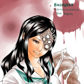 1girl bindi_(resident_evil) black_hair breasts female_focus futt j&#039;avo long_hair monster_girl resident_evil resident_evil:_the_marhawa_desire resident_evil_6 school_uniform solo upper_body