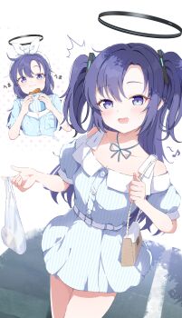 1girl :d absurdres alternate_costume animal_print aqua_ribbon bag belt black_halo blue_archive blue_pajamas blush breast_pocket breasts brown_bag buttons casual cat_print closed_mouth collarbone collared_shirt commentary_request dress drooling eating food hair_between_eyes hair_ornament hairband halo hand_up hello-ghiblisan highres holding holding_bag holding_food imagining juliet_sleeves long_hair long_sleeves mechanical_halo medium_breasts musical_note neck_ribbon official_alternate_costume official_alternate_hairstyle open_mouth pajamas parted_hair plastic_bag pocket puffy_sleeves purple_eyes purple_hair red_pupils ribbon road saliva shirt short_dress smile spoken_musical_note striped_clothes striped_dress two_side_up vertical-striped_clothes vertical-striped_dress very_long_hair walking white_background white_belt yuuka_(blue_archive) yuuka_(pajamas)_(blue_archive)