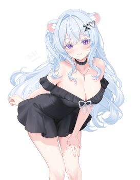 1girl absurdres animal_ears armpit_crease bare_shoulders bibixart black_choker black_dress breasts choker cleavage closed_mouth collarbone colored_eyelashes commentary dress english_commentary frilled_dress frills hair_ornament hand_on_own_thigh heart heart_hair_ornament highres indie_virtual_youtuber jewelry large_breasts leaning_forward long_hair looking_at_viewer mitsuvu necklace off-shoulder_dress off_shoulder one_side_up purple_eyes short_dress simple_background smile solo standing thighs very_long_hair virtual_youtuber white_background white_eyelashes white_hair x_hair_ornament