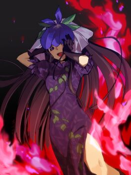1girl black_gloves black_hair china_dress chinese_clothes commentary_request dress elbow_gloves gloves highres kaigen_1025 long_hair open_mouth purple_dress purple_eyes red_fire smile solo touhou very_long_hair yomotsu_hisami