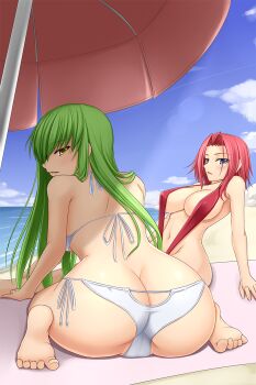 2girls akitsuki_karasu arm_support ass ass_cutout back bare_shoulders barefoot beach bikini blue_eyes breasts brown_eyes butt_crack c.c. cleavage clothing_cutout cloud code_geass day feet from_behind green_hair groin highres huge_ass kouzuki_kallen large_breasts long_hair looking_at_viewer looking_back multiple_girls navel ocean outdoors parted_lips short_hair side-tie_bikini_bottom sitting sky slingshot_swimsuit swimsuit trefoil umbrella wariza wide_hips yellow_eyes