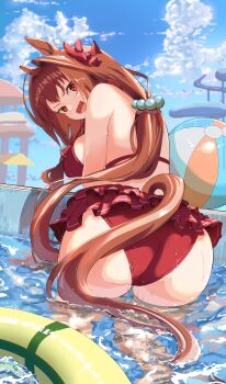 1girl absurdres animal_ears ass bikini breasts brown_hair brown_tail coffeed17 daiwa_scarlet_(mini_vacation)_(umamusume) daiwa_scarlet_(umamusume) fang frilled_bikini frills from_behind hair_between_eyes hair_intakes highres horse_ears horse_girl horse_tail innertube large_breasts long_hair looking_at_viewer looking_back official_alternate_costume official_alternate_hairstyle open_mouth pool red_bikini red_eyes skin_fang slide swim_ring swimsuit tail thighs umamusume water_slide waterpark