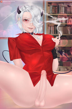 1futa bedroom bookshelf bottomless breasts choker cigarette collar cross cross_necklace demon demon_girl demon_horns demon_tail devil dress_shirt ear_piercing earrings face_piercing formal_clothes futanari hair_over_one_eye helltaker highres horns huge_breasts jewelry large_breasts lip_piercing looking_at_viewer messy_hair necklace nose_piercing on_bed patreon_username penis piercing red_eyes red_shirt riarfian shirt smile smoke smoking solo tail teeth testicles thick_thighs thighs uncensored watermark web_address white_hair zdrada_(helltaker)