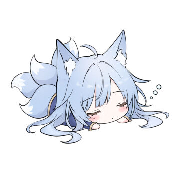 Rule 34 | 1girl, animal ear fluff, animal ears, azur lane, blue hair, blush, chibi, closed eyes, fox ears, fox girl, fox tail, livetarica, long hair, lying, multiple tails, on stomach, shinano (azur lane), simple background, sleeping, solo, tail, white background