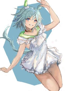 1girl animal_ears blue_eyes blush breasts brown_choker choker commentary_request dress ear_covers green_sailor_collar grey_hair hair_between_eyes horse_ears horse_girl horse_tail looking_at_viewer open_mouth sailor_collar seiun_sky_(reeling_in_the_big_one)_(umamusume) seiun_sky_(umamusume) short_hair single_ear_cover small_breasts solo tail teeth umamusume white_dress yanagi_wakana