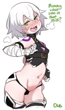 0lightsource 1girl arm_belt bandaged_arm bandages bare_shoulders black_gloves black_panties black_thighhighs blush breasts cameltoe cowboy_shot cropped_legs english_text facial_scar fate/apocrypha fate/grand_order fate_(series) fingerless_gloves gloves green_eyes hair_between_eyes heavy_breathing jack_the_ripper_(fate/apocrypha) loli looking_at_viewer lowleg lowleg_panties navel nose_blush open_mouth panties scar scar_across_eye scar_on_cheek scar_on_face short_hair shoulder_tattoo simple_background single_glove sketch small_breasts solo standing sweat tattoo thighhighs underwear white_background white_hair