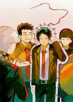 Rule 34 | 2girls, 3boys, adachi tooru, amagi yukiko, arm behind head, black hair, black jacket, brown hair, closed eyes, commentary request, doujima ryoutarou, grey hair, grey shirt, hairband, highres, j0566, jacket, long sleeves, multiple boys, multiple girls, narukami yu, necktie, persona, persona 4, red hairband, red necktie, sailor collar, satonaka chie, shirt, short hair, smile, sparse stubble, white shirt
