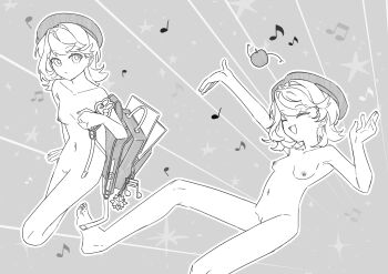 1girl :o ^_^ absurdres apple apple_(reverse:1999) arms_up backpack bag beret breasts cleft_of_venus closed_eyes commentary_request completely_nude eighth_note feet_out_of_frame food fruit full_body grey_background hat highres looking_at_viewer multiple_views musical_note musical_note_ornament navel nipples nude open_bag open_mouth pussy quarter_note regulus_(reverse:1999) reverse:1999 sanjuqing'an short_hair small_breasts smile star_(symbol) star_symbol_background