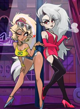 2girls against_pillar anklet beelzebub_(helluva_boss) bent_over black_lips black_thighhighs blonde_hair blue_footwear bracelet brazilian_flag brazilian_flag_print brazilian_miku brazilian_miku_(cosplay) breasts center_opening choker cigarette colored_skin cosplay dark-skinned_female dark_skin denim denim_shorts dress earrings elbow_gloves eyebrow_piercing eyeliner eyewear_on_head face_piercing flag_print gloves grey_hair hatsune_miku heart hellaverse helluva_boss high_heels highres holding holding_cigarette humanization jewelry leaning_back long_eyelashes long_hair loona_(helluva_boss) makeup multicolored_hair multiple_girls necklace one_eye_closed piercing pink_eyes ponytail puckered_lips rectangular_earrings red_dress red_eyes red_footwear red_lips short_shorts shorts smoking standing sunglasses ta-na_(tana351) tan tanline thighhighs two-tone_hair underboob v vocaloid white_hair white_skin