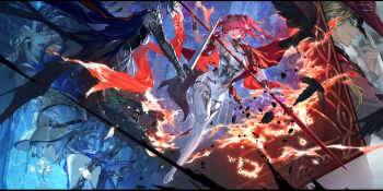 1boy 3girls absurdres arm_up armor black_dress black_feathers blonde_hair blue_hair bodysuit boots breastplate chinese_commentary closed_mouth collar commentary_request cristoforo_(wuthering_waves) dress earrings eye_mask feathers fleurdelys_(wuthering_waves) hairband highres holding holding_polearm holding_sword holding_weapon jewelry knight long_hair looking_at_viewer lupa_(wuthering_waves) mask metal_collar metal_hairband multiple_girls open_mouth pink_hair polearm red_sash sash short_hair smile swd3e2 sword thigh_boots weapon white_bodysuit white_boots wrist_guards wuthering_waves yellow_eyes